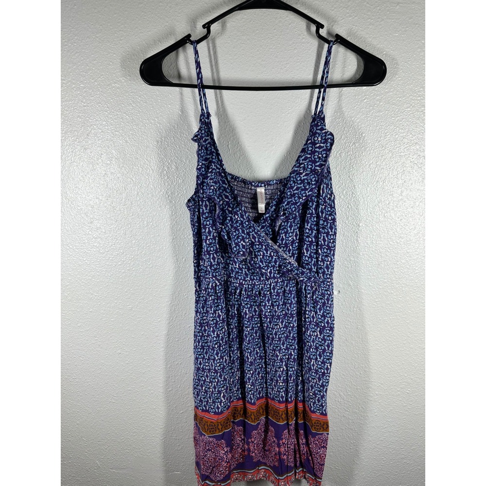Xhilaration Dress Womens‎ L Blue Geometric Surplice Smocked Back Boho Sundress